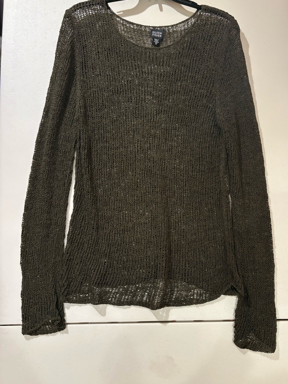 Eileen Fisher Olive Open-Knit Crewneck Sweater - Picture 5 of 6